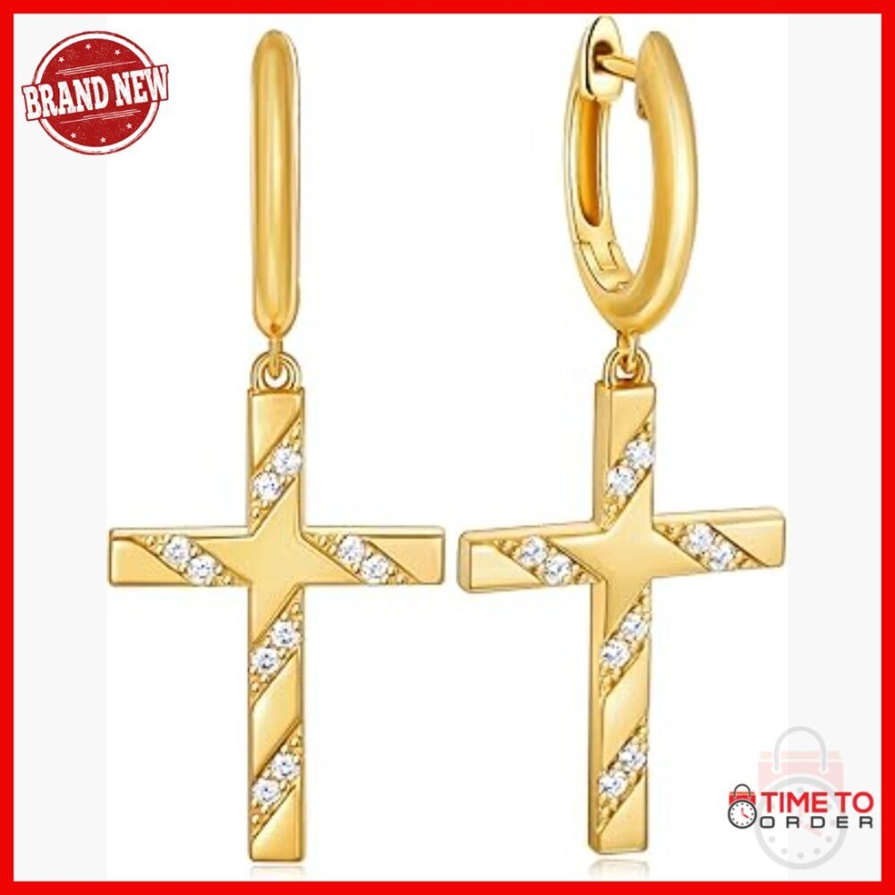 Sterling Silver Moissanite Cross Dangle Earrings, Hypoallergenic
